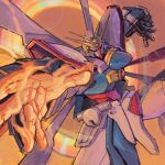  bakunetsu_god_finger fighting_stance g_gundam glowing glowing_hand god_gundam green_eyes gundam highres lens_flare looking_at_viewer mecha no_humans olympia_sweetman open_hands science_fiction solo v-fin 