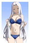  1girl absurdres alternate_costume azur_lane blue_background blue_bra blue_eyes blue_panties border bra breasts cleavage collarbone cowboy_shot english_commentary gradient_background grin highres lace-trimmed_bra lace-trimmed_panties lace_trim large_breasts lingerie long_hair long_sleeves navel open_clothes open_shirt panties parallelrey shirt sidelocks simple_background smile solo teeth underwear undressing white_border white_hair white_shirt yorktown_(azur_lane) 
