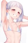  1girl :d arashi_chisato armpits arms_up bikini blunt_bangs blush collarbone double_bun ear_blush flat_chest grey_hair grin hair_bun highres long_hair love_live! love_live!_superstar!! nasuno_(nasuno42) parted_lips red_eyes simple_background smile solo steaming_body sweat sweaty_armpits swimsuit teeth twintails upper_body white_background white_bikini 