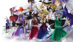  1boy 6+girls alice_margatroid animal_ears armor ascot bird_wings black_hair black_hairband blonde_hair book bow braid brown_hair buront crescent crescent_hat_ornament crossover detached_sleeves elf elvaan final_fantasy final_fantasy_xi floating fog frilled_bow frilled_hair_tubes frills ghost green_skirt grey_hair group_picture hair_bow hair_tubes hairband hakurei_reimu hat hat_ornament holding holding_book holding_sword holding_weapon izayoi_sakuya katana kirisame_marisa konpaku_youmu konpaku_youmu_(ghost) long_hair looking_to_the_side midriff mob_cap multiple_girls mystia_lorelei ofuda onozuka_komachi patchouli_knowledge pointy_ears purple_hair rabbit_ears red_hair red_hairband reisen_udongein_inaba ribbon-trimmed_sleeves ribbon_trim shameimaru_aya shanghai_doll shield skirt skirt_set sword the_iron_of_yin_and_yang touhou uo_(sisamo) weapon winged_hat wings witch_hat yellow_ascot 