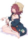  1girl :d ahoge atelier_(series) atelier_sophie bare_shoulders barefoot blue_coat blush breasts brown_eyes cleavage coat fang head_scarf highres jewelry long_sleeves looking_at_viewer medium_breasts medium_hair necklace open_clothes open_coat open_mouth red_hair red_skirt simple_background sitting skirt smile solo sophie_neuenmuller sumiyao_(amam) sweat wariza white_background wide_sleeves 