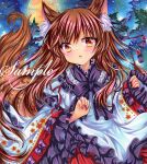  1girl :o animal_ear_fluff animal_ears blush brown_hair commentary_request dress embellished_costume frilled_sleeves frills full_moon imaizumi_kagerou long_hair long_sleeves looking_at_viewer marker_(medium) moon red_eyes red_nails rui_(sugar3) sample_watermark solo tail touhou traditional_media upper_body very_long_hair watermark white_dress wide_sleeves wolf_ears wolf_girl wolf_tail 
