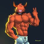  abs alexxxnttt biceps black_background clothed clothing collar fur hi_res horn looking_at_viewer male mammal muscular muscular_male obliques orange_body orange_fur pecs reflective_body simple_background solo tongue tongue_out topless 