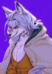  1boy bara beard cloak facial_hair furrification furry glasses highres hood hood_down hooded_cloak male_focus one_piece orange_shirt pectoral_cleavage pectorals purple_background scar scar_across_eye scar_on_face shirt silvers_rayleigh solo upper_body vamos_mk wolf_boy 