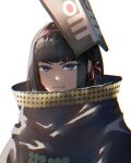  backlighting blue_eyes commentary_request gold_trim looking_at_viewer mask mask_on_head masked_king nier nier_(series) scarf shikan short_hair simple_background smile white_background 