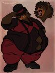 anthro artist_logo bear belly big_belly brown_bear brown_body brown_fur brown_hair button_(fastener) classy claws clothed clothing covering covering_eyes covering_face facial_scar fur grin hair hat hat_over_eyes headgear headwear hi_res logo love_handles male mammal moobs multiple_poses obese obese_anthro obese_male open_mouth open_smile overweight overweight_anthro overweight_male pose richard_von_smith scar smile smorgasgored snout snout_scar solo standing straining_buttons suspenders teeth thick_thighs tipping_hat tongue top_hat ursine