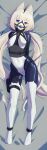  1girl absurdres animal_ear_fluff animal_ears armbinder arms_behind_back ass_visible_through_thighs ball_gag bdsm blue_eyes blue_ribbon bodysuit cat_ears character_request covered_navel dakimakura_(medium) deglazed full_body gag gag_harness gagged highres latex latex_bodysuit long_hair looking_at_viewer low_twintails lying nekopara on_back pouch restrained ribbon skin_tight skindentation thigh_pouch thigh_strap twintails very_long_hair white_hair 