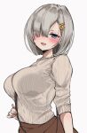 1girl alternate_costume bag blue_eyes blush breasts brown_skirt chigasaki_yukari eyebrows_visible_through_hair grey_sweater hair_ornament hair_over_one_eye hairclip hamakaze_(kancolle) highres holding holding_bag kantai_collection large_breasts looking_at_viewer short_hair silver_hair simple_background skirt sleeves smile solo sweater 