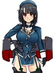  1girl ascot beret black_gloves black_hair black_thighhighs breasts cowboy_shot garter_straps gloves hand_on_own_hip hat kantai_collection large_breasts looking_at_viewer machinery military military_uniform red_eyes revision short_hair simple_background solo takao_(kancolle) thighhighs udukikosuke white_ascot white_background 