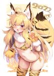  1girl 2022 ahoge animal_ear_fluff animal_ears animal_hands animal_print bangs bikini blush breasts chinese_zodiac commentary_request cowboy_shot eyebrows_visible_through_hair fox_ears fox_girl fox_tail fur_collar gloves highres looking_at_viewer navel one_eye_closed open_mouth original paw_gloves print_bikini print_legwear red_eyes roshin side-tie_bikini small_breasts solo standing stomach swimsuit tail thighhighs tiger_print year_of_the_tiger 