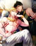  2boys abs ahoge armlet bangs bare_pectorals bed black_pants black_shirt blonde_hair bodypaint bracelet brown_hair dark-skinned_male dark_skin earrings eyebrows_visible_through_hair fate/grand_order fate_(series) feet_out_of_frame food fruit gilgamesh_(fate) goblet jewelry light_rays looking_at_viewer lying male_focus multiple_boys ozymandias_(fate) pants pectorals pillow red_eyes revealing_clothes ring sakura_hitsuji shirt short_hair signature sleeveless sleeveless_shirt smile sunbeam sunlight tattoo tight tight_shirt toned toned_male tooth_necklace topless topless_male white_pants yaoi yellow_eyes 