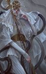  1boy absurdres closed_mouth covered_eyes dark_souls_(series) dark_souls_i dark_sun_gwyndolin dress gold_headwear grey_dress grey_hair helmet helmet_over_eyes highres long_sleeves male_focus snake solo vats9_9 