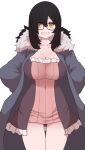  1girl arms_behind_back black_hair breasts cleavage coat covered_navel cowboy_shot dress glasses grey_coat grin large_breasts long_hair long_sleeves open_clothes open_coat original pink_dress semi-rimless_eyewear sharp_teeth short_dress simple_background smile solo standing sumiyao_(amam) teeth under-rim_eyewear white_background yellow_eyes 