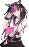  1girl absurdres bangs black_hair black_nails black_skirt blue_hair danganronpa_(series) danganronpa_2:_goodbye_despair ear_piercing grin hair_horns highres long_hair looking_at_viewer mioda_ibuki multicolored_hair nail_polish piercing pink_eyes pink_hair pleated_skirt school_uniform serafuku shiny shiny_hair short_sleeves simple_background skirt smile solo teeth white_background white_hair wrist_cuffs yuunamida_uyu 