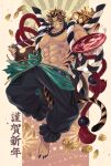  1boy :d abs aion_kiu animal_ears baggy_pants bara bare_pectorals bead_necklace beads black_hair blue_eyes bottle chinese_zodiac costume_request cup fingernails forked_eyebrows full_body gold grin happy_new_year highres jewelry jumping large_pectorals long_sideburns male_focus multicolored_hair muscular muscular_male navel navel_hair necklace new_year nipples orange_hair original oversized_object pants pectorals sakazuki sake_bottle sharp_fingernails short_hair sideburns smile solo stomach tail thick_eyebrows tiger_boy tiger_ears tiger_tail translation_request two-tone_hair year_of_the_tiger 