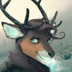  anthro buck_(disambiguation) cervid cervine elk fluffy fluffy_ears fluffy_hair frost hair hako_frost hi_res looking_at_viewer male mammal mountain neck_tuft plant raveress_moss smile snow solo tree tuft winter 