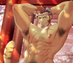  1boy abs animal_ears arm_hair armpit_hair armpits bara blue_eyes brown_hair censored cherry_blossoms chest_hair chinese_zodiac facial_hair fate/grand_order fate_(series) fundoshi goatee grin hachimaki hairy happy_new_year headband japanese_clothes kashi_kosugi kemonomimi_mode large_pectorals long_sideburns male_focus male_pubic_hair mature_male mosaic_censoring muscular muscular_male napoleon_bonaparte_(fate) navel navel_hair new_year nipples pectorals presenting_armpit pubic_hair reward_available short_hair sideburns smile solo stomach tail tail_raised tiger_boy tiger_ears tiger_tail topless_male year_of_the_tiger 