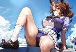  3girls ahoge animal_ears asdkd123 black_shoes blue_eyes blue_sailor_collar bow breasts brown_hair commentary_request ear_ornament hair_between_eyes highres horse_ears horse_girl horse_tail large_breasts leg_up medium_hair mejiro_bright_(umamusume) mejiro_mcqueen_(umamusume) mejiro_palmer_(umamusume) multicolored_hair multiple_girls panties purple_bow purple_panties purple_shirt sailor_collar school_uniform shirt shoes skirt solo_focus streaked_hair summer_uniform sweat tail tracen_school_uniform umamusume underwear variant_set white_hair white_skirt 