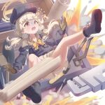  1girl absurdres aoba_(blue_archive) black_boots black_hat black_jacket blonde_hair blue_archive boots bow bowtie brown_gloves cabbie_hat collared_shirt convenient_censoring dress_shirt explosion gloves grey_shirt grey_skirt halo hat highres jacket long_hair low_twintails miniskirt open_mouth peaked_cap red_eyes shirt skirt solo twintails wjddn yellow_bow yellow_bowtie yellow_halo 