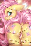  anus blue_eyes blush bodily_fluids bound butt christmas cutie_mark digital_media_(artwork) equid equine female feral fluttershy_(mlp) friendship_is_magic fur genital_fluids genitals hair hasbro holidays horse inside kotezio lights looking_at_viewer looking_back mammal my_little_pony pink_hair pony pussy pussy_juice rear_view shy solo yellow_body 