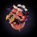 1girl :d artist_name bad_id bad_pixiv_id black_background black_hairband black_shirt black_shoes bow_hairband commentary_request cookie_run cookie_run:_kingdom frilled_hairband frills from_above full_body gloved_sleeves hair_between_eyes hairband highres holding holding_stuffed_toy inactive_account juliet_sleeves long_sleeves looking_at_viewer mary_janes no_pupils open_mouth orange_eyes orange_hair orange_petals orange_skirt pompon_(cookie_run) puffy_sleeves pumpkin_pie_cookie rn9j shirt shoes short_hair simple_background skirt smile solo standing stuffed_animal stuffed_toy vignetting 