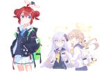  3girls :o ahoge azusa_(blue_archive) backpack bag bangs blonde_hair blue_archive blue_eyes blue_necktie clenched_hands closed_mouth crossed_bangs double_bun flower hair_between_eyes hair_flower hair_ornament halo hands_in_pockets hifumi_(blue_archive) highres jacket kyuuri_(miyako) long_hair long_sleeves low_twintails low_wings maki_(blue_archive) multiple_girls neckerchief necktie open_clothes open_jacket parted_lips pleated_skirt red_hair sailor_collar school_uniform serafuku short_hair silver_hair simple_background skirt sparkle twintails very_long_hair white_background white_skirt wings yellow_eyes yellow_neckerchief 