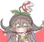  1girl alcohol animal_ears arknights bokiboki333 bottle brown_hair commentary_request cow_ears cow_girl cow_horns crossover flower flower_on_head green_eyes holding holding_bottle horns mario_(series) pallas_(arknights) piranha_plant short_hair_with_long_locks upper_body 