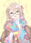  1girl akane_(blue_archive) alternate_costume bangs blue_archive blush brown_eyes elbow_gloves floral_print glasses gloves hair_ornament halo highres japanese_clothes kimono kyuuri_(miyako) light_brown_hair long_hair looking_at_viewer obi open_mouth sash simple_background solo upper_body white_gloves yellow_background 