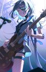  1girl absurdres bang_dream! bang_dream!_it's_mygo!!!!! black_shorts blue_eyes blue_hair cable closed_mouth cowboy_shot cyborg dress enoharatoki fishnet_thighhighs fishnets floating_hair from_below glint grey_hair guitar guitar_strap heterochromia highres holding holding_guitar holding_instrument holding_plectrum instrument joints kaname_raana looking_ahead mechanical_arms microphone microphone_stand music playing_guitar playing_instrument plectrum robot_joints short_dress short_hair short_sleeves shorts single_mechanical_arm single_mechanical_eye solo standing thighhighs truss yellow_eyes 