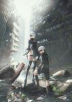  1boy 1girl 2b_(nier:automata) 9s_(nier:automata) black_blindfold black_dress black_hairband black_thighhighs blindfold boots breasts choker city clothing_cutout commentary_request covered_eyes dress feather-trimmed_sleeves film_grain full_body gloves hairband highres holding holding_sword holding_weapon long_sleeves mole mole_under_mouth nier:automata nier_(series) puffy_sleeves ruins shikan short_hair sword thighhighs weapon white_hair 