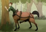 animal_genitalia animal_penis black_body black_fur black_penis bodily_fluids brown_body brown_fur centaur clothing desperation detailed_background equid equid_taur equine equine_genitalia equine_penis equine_taur erection european_mythology flannel flared_penis forest forest_background fur genital_fluids genitals grass greek_mythology hooves horse horse_taur humanoid_taur katthekitkat male mammal mammal_taur medial_ring mythology nature nature_background one_eye_closed penis plant precum precum_squirt shirt shrub solo spots spotted_genitalia spotted_penis standing tan_penis taur topwear tree