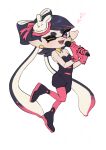  1girl :3 ankle_boots bare_shoulders black_boots black_hair black_jumpsuit boots bow bow-shaped_hair breasts callie_(splatoon) callie_(squid_sisters_outfit)_(splatoon) cleavage commentary_request coula_cat cross-shaped_pupils detached_collar earrings fangs gloves grin hair_bow hair_ornament heart highres jewelry jumpsuit long_hair looking_at_viewer multicolored_hair one_eye_closed open_mouth pantyhose pink_bow pink_gloves pink_hair pink_pantyhose purple_eyes short_jumpsuit simple_background small_breasts smile solo splatoon_(series) star_(symbol) star_earrings strapless_jumpsuit swept_bangs symbol-shaped_pupils tentacle_hair thick_eyebrows three_quarter_view two-tone_hair very_long_hair white_background yellow_collar 