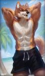  2021 abs anthro biped blue_eyes brown_body brown_fur canid canine canis clothed clothing fangs fur gaby-t hands_behind_head hi_res looking_at_viewer male mammal muscular muscular_anthro muscular_male navel outside seductive sky solo swimming_trunks swimwear teeth topless white_body white_fur wolf 
