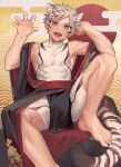  1boy animal_ears armpits barefoot collarbone fangs floral_print grey_hair hand_up highres japanese_clothes loincloth male_focus nail open_mouth original r-744 shirt short_hair sitting solo tail tiger_boy toned toned_male white_shirt 