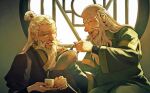  2boys aged_up avatar:_the_last_airbender avatar_legends bald beard botanicaxu burn_scar chinese_clothes cup facial_hair hair_bun highres holding holding_cup holding_teapot indoors iroh long_hair male_focus multiple_boys old old_man scar scar_on_face single_hair_bun sitting smile tea teapot the_legend_of_korra upper_body window zuko 