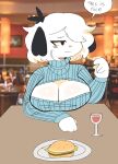  2022 alcohol anthro beverage big_breasts black_ears blue_clothing blue_sweater blue_topwear breasts burger canid canine canis chubby_anthro chubby_female clothed clothing container cup date digital_drawing_(artwork) digital_media_(artwork) domestic_dog drinking_glass english_text female floppy_ears food front_view fur furniture glass glass_container glass_cup glistening glistening_breasts hair hair_over_eye hand_on_table hi_res looking_aside mammal multicolored_hair narrowed_eyes one_eye_obstructed photo_background plate puppychan puppychan48 restaurant sandwich_(food) shaded simple_shading sitting smile solo sweater table text topwear two_tone_hair white_body white_fur white_hair wine 