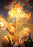  2boys absurdres avatar:_the_last_airbender avatar_legends balding bamboo beard black_hair botanicaxu burn_scar chinese_clothes closed_eyes facial_hair fire grey_hair highres holding iroh lantern long_hair long_sleeves looking_up male_focus multiple_boys old old_man open_mouth scar scar_on_face short_hair smile uncle_and_nephew zuko 