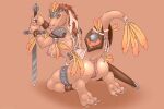  3_toes anthro anus armor biped breasts claws digit_ring dinosaur feathers feet female genitals hi_res jewelry maddworld melee_weapon nipples non-mammal_breasts non-mammal_nipples pussy reptile ring scalie solo sword toe_ring toes weapon 