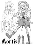  1girl :d \||/ absurdres ascot bang_dream! bang_dream!_it&#039;s_mygo!!!!! blunt_bangs boots brooch capelet character_name checkered_thighhighs chinese_commentary commentary_request corset drawing_mannequin frilled_capelet frilled_corset frills greyscale hachibousei_dance_(bang_dream!) hand_on_own_cheek hand_on_own_face hands_up hat hatching_(texture) highres jester_cap jewelry lace-up_boots leg_up linear_hatching long_hair marionette monochrome mortis_(bang_dream!) mortis_(persona)_(bang_dream!) multiple_views official_alternate_costume polka_dot_shadow puppet shadow simple_background smile standing standing_on_one_leg tassel thighhighs wakaba_mutsumi white_background yeeee_chen 