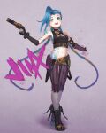  1girl :d arcane:_league_of_legends arcane_jinx arm_tattoo asymmetrical_bangs bangs bare_shoulders belt blue_hair blush braid breasts brown_belt brown_footwear closed_mouth cloud_tattoo crop_top fingerless_gloves full_body gloves grey_background gun holding holding_gun holding_weapon jinx_(league_of_legends) league_of_legends long_hair looking_at_viewer navel pants purea shoulder_tattoo smile solo standing stomach striped striped_pants tattoo torn_clothes torn_pants twin_braids weapon 