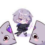 1girl bandaid bandaid_on_cheek bandaid_on_face bandaid_on_knee bandaid_on_leg bisected black_jacket black_shoes chibi closed_mouth commentary english_commentary grey_hair grey_thighhighs hair_ornament hairclip heterochromia highres hitsukuya holding holding_sword holding_weapon hololive hololive_english jacket katana koseki_bijou koseki_bijou_(casual) long_sleeves looking_at_viewer pebble_(koseki_bijou) puffy_long_sleeves puffy_sleeves purple_eyes shadow sheathing shoes simple_background single_thighhigh smile sword thighhighs virtual_youtuber weapon white_background 