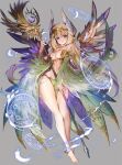  1girl armor bare_legs bare_shoulders barefoot bikini_armor blonde_hair blush bracelet breasts cape crown eyebrows_visible_through_hair flower flying green_eyes hair_wings hand_wings jewelry long_hair magic_circle medium_breasts navel original pointy_ears repi simple_background smile solo staff wide_hips wings 