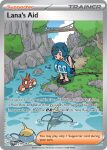  1girl :d aoki_toshinao artist_name black_sandals blue_eyes blue_hair blue_pants blue_sky bridge bright_pupils bush card_(medium) character_name closed_mouth cloud collared_shirt company_name copyright_name copyright_notice corphish day english_text fishing_rod grass hairband hands_on_own_knees lana_(pokemon) no_sclera official_art open_mouth outdoors pants pokemon pokemon_(creature) pokemon_card pokemon_sm pokemon_tcg ripples rock sandals shirt short_hair sky smile surskit third-party_source trading_card tree water white_pupils white_shirt wooden_bridge wooper yellow_hairband 