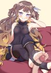  1girl absurdres anya_melfissa asymmetrical_clothes black_leotard black_pants black_thighhighs blonde_hair blunt_bangs breasts brown_hair covered_navel crossed_ankles disembodied_penis feet foot_focus foot_out_of_frame footjob gradient_hair hair_ribbon head_rest highres hololive hololive_idol_uniform_(color_rise) hololive_indonesia kris_hair_ornament leotard light_blush long_hair mixed-language_commentary multicolored_hair nipples no_shoes pants penis penis_in_thighhigh purple_eyes ribbon second-party_source see-through_clothes see-through_leotard shirt short_eyebrows single_pantsleg sitting smell smug steaming_body streaked_hair sweat sweaty_armpits thighhighs toeless_legwear uncensored under-stirrup_footjob unworn_shirt very_long_hair virtual_youtuber wavy_hair white_ribbon yellow_background zedxxx 