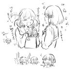 4girls ahoge anyoji_hime arrow_(symbol) bag blunt_bangs blush bob_cut chibi closed_mouth eighth_note expressive_hair flower_symbol gift_bag greyscale hair_ornament highres hinoshita_kaho holding holding_bag kachimachi_kosuzu link!_like!_love_live! long_hair looking_at_another love_live! medium_hair momose_ginko monochrome multi-tied_hair multiple_girls musical_note open_mouth ponytail rabbit_hair_ornament short_hair simple_background smile translation_request two_side_up uo_(wotakana_p) v-shaped_eyebrows virtual_youtuber white_background 