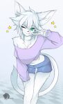 absurd_res anthro blue_bottomwear blue_clothing blue_shorts bottomwear breasts cleavage clothed clothing eyebrows felid feline fur hair hi_res looking_at_viewer mammal navel one_eye_closed purple_clothing purple_topwear shorts skyversa tail topwear white_body white_breasts white_ears white_fingers white_fur white_hair white_hands white_legs white_tail wink