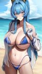  1girl absurdres arm_at_side beach bikini blue_bikini blue_eyes blue_hair blush bodam breasts closed_mouth collarbone day gloves goddess_of_victory:_nikke hair_intakes hand_up helm_(aqua_marine)_(nikke) helm_(nikke) highres long_hair looking_at_viewer navel official_alternate_costume open_clothes open_shirt outdoors shirt sidelocks single_bare_shoulder solo stomach strap_pull swimsuit underboob wet white_gloves white_shirt 
