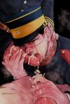  3boys black_hair brown_eyes cropped cum cum_in_mouth cum_on_boy cum_on_tongue erection esaman_u fellatio golden_kamuy hat highres imperial_japanese_army licking licking_penis male_focus male_pubic_hair military military_hat military_uniform multiple_boys oral penis pubic_hair scar scar_on_cheek scar_on_face scar_on_mouth scar_on_nose short_hair sugimoto_saichi tongue tongue_out uniform yaoi 