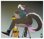 2025 absurd_res anthro anus backsack balls biped black_body black_clothing black_footwear black_horn black_shoes bottomless butt chair clothed clothing curly_hair digital_media_(artwork) dragon eastern_dragon folding_chair footwear fur furniture genitals gradient_background graffiti hair hi_res horn long_ears looking_at_viewer looking_back looking_back_at_viewer low-angle_view male mythological_creature mythological_scalie mythology newt_(underscore-b) on_chair plantigrade presenting presenting_hindquarters purple_anus purple_balls purple_body rear_view scalie shaded shirt shoes simple_background sitting sitting_backwards sitting_on_chair skateboard slim solo stampertpandragon t-shirt tail tail_tuft thick_tail three-quarter_view topwear tuft underscore_b vehicle white_body white_fur white_hair