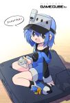  1girl black_eyes black_shirt blue_hair blue_overalls blue_shoes collarbone game_console gamecube gamecube-tan gamecube_controller highres long_sleeves looking_at_viewer nintendo open_mouth overalls personification rascal_(feuille) redrawn shirt shoes shorts sitting solo speech_bubble translation_request visor_cap white_background 